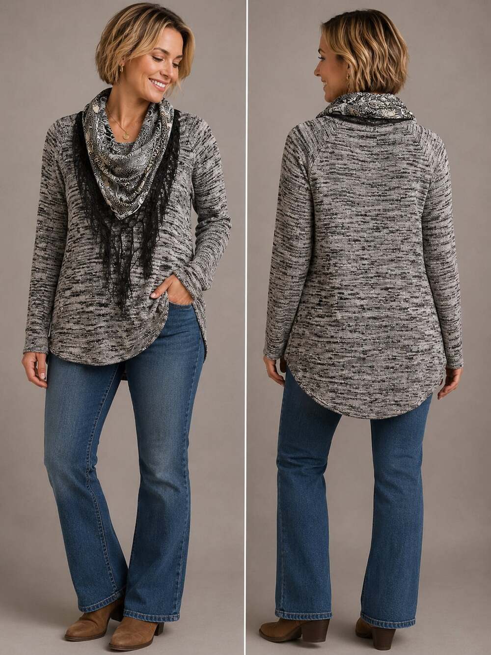 Tantrums Women's XL Gray Marled Knit Sweater with Attached Paisley Scarf
B169JC